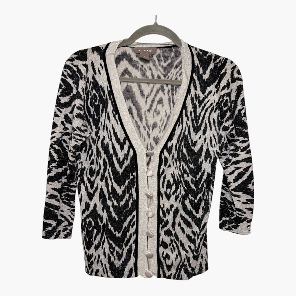Kenar Black & White Silk Blend Abstract Zebra Animal Print Cardigan Large